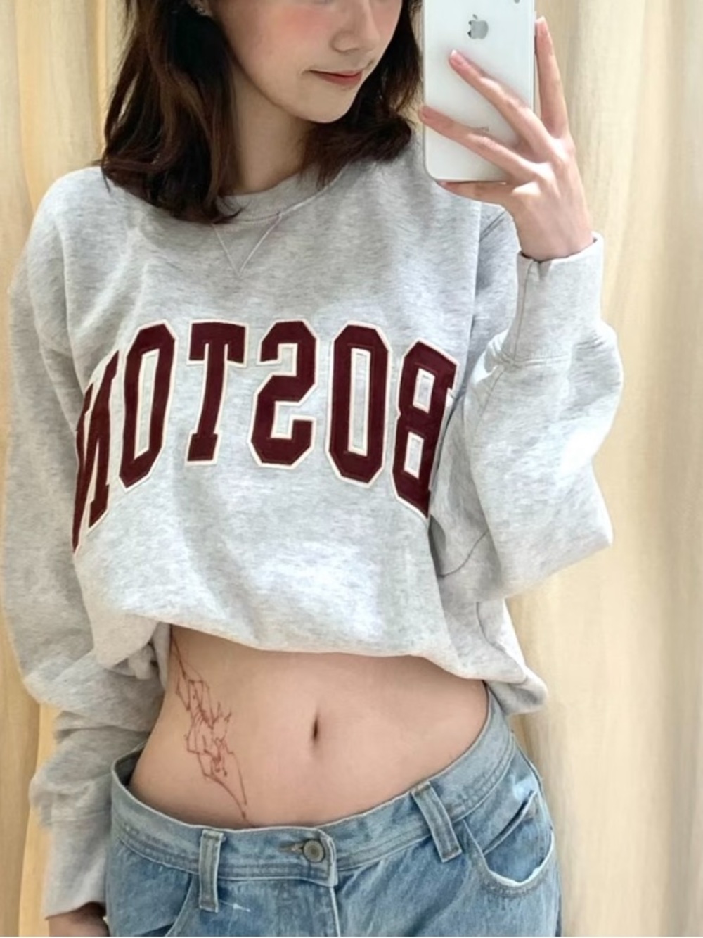 Brandy Melville Gray Cropped 'BOSTON' Sweatshirt